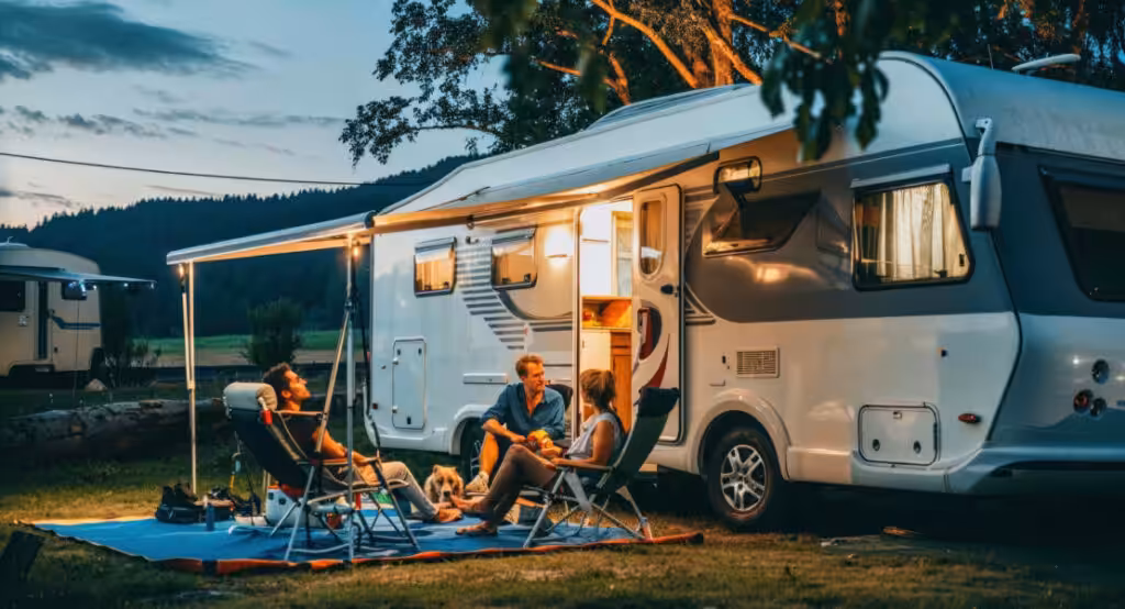 Group of friends sat outside motorhome