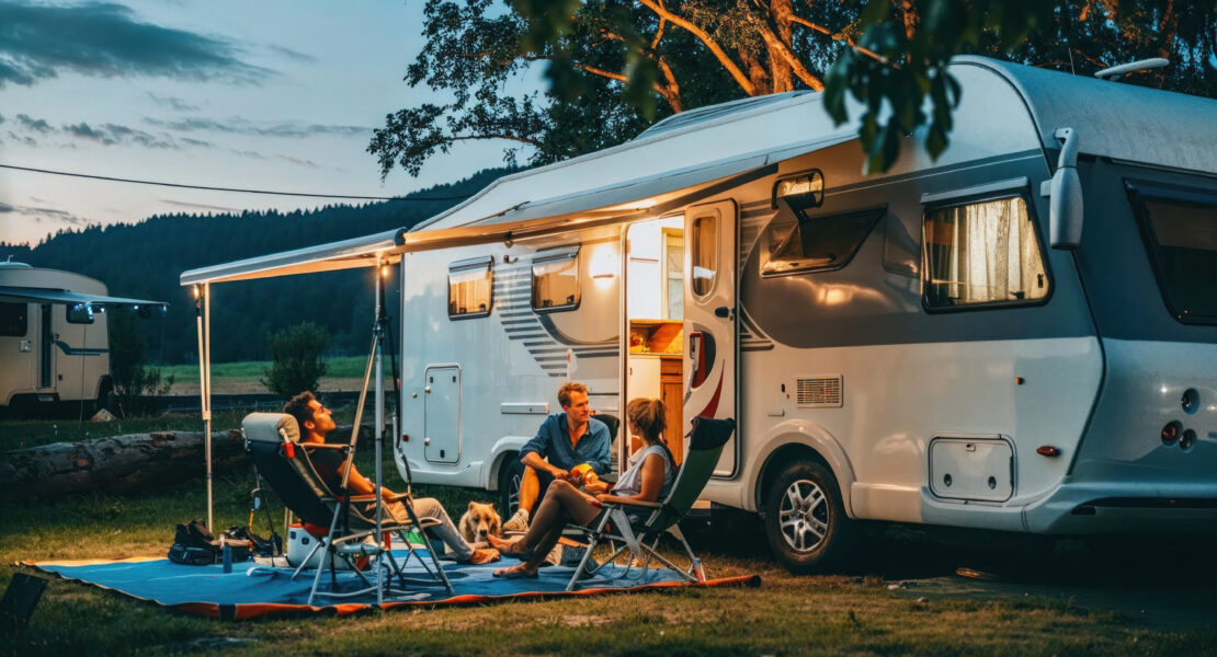Group of friends sat outside motorhome